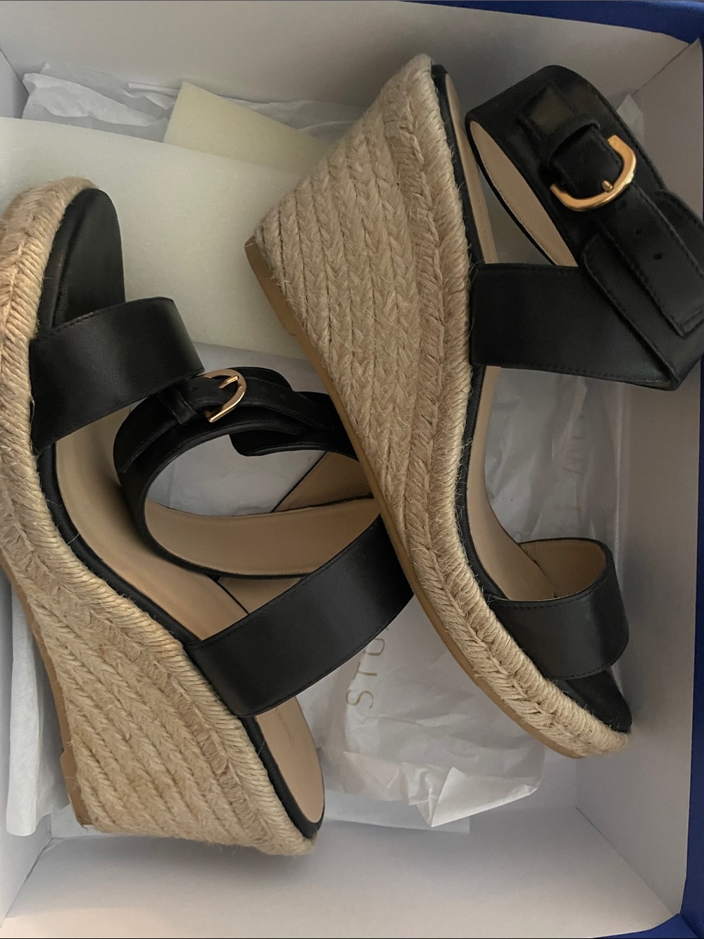 Stuart Weitzman Black Espadrille Wedge Sandals with Gold Buckles